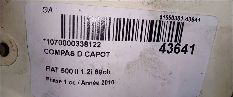 Compas d capot Fiat 500 (312_) 1.2 (312axa1a) (2007) 3 portes occasion