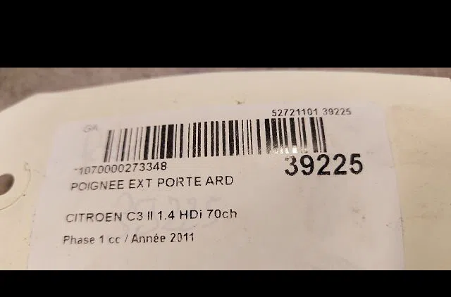 Poignee ext porte ard Citroen C3 II (SC_) 1.4 hdi 70 (sc8hzc, sc8hr0, sc8hp4) (2009) 5 portes occasion