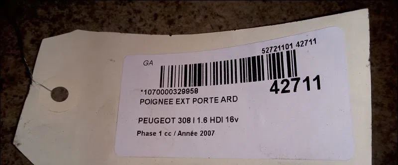 Poignee ext porte ard Peugeot 308 I (4A_, 4C_) 1.6 hdi (2007-2014) 5 portes occasion