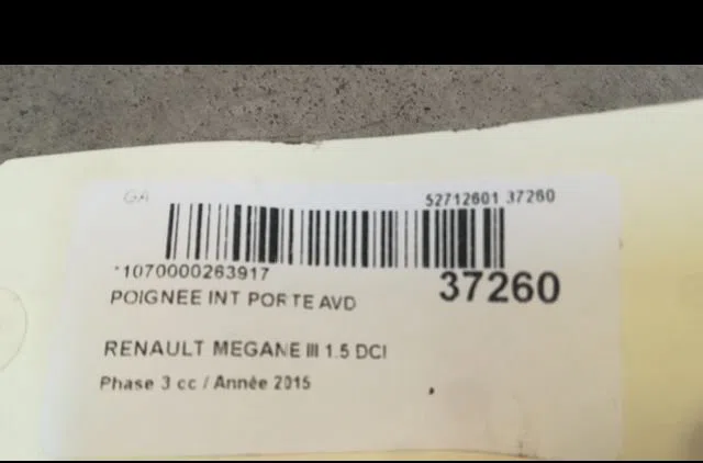 Poignee int porte avd Renault MEGANE III 3-5 portes (BZ0-1_, B3_) 1.5 dci (bz1g, bz1w, bz0r) (2013-2015) 5 portes occasi