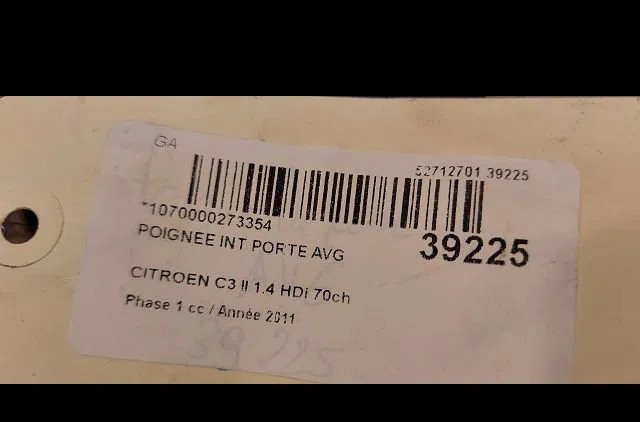 Poignee int porte avg Citroen C3 II (SC_) 1.4 hdi 70 (sc8hzc, sc8hr0, sc8hp4) (2009) 5 portes occasion