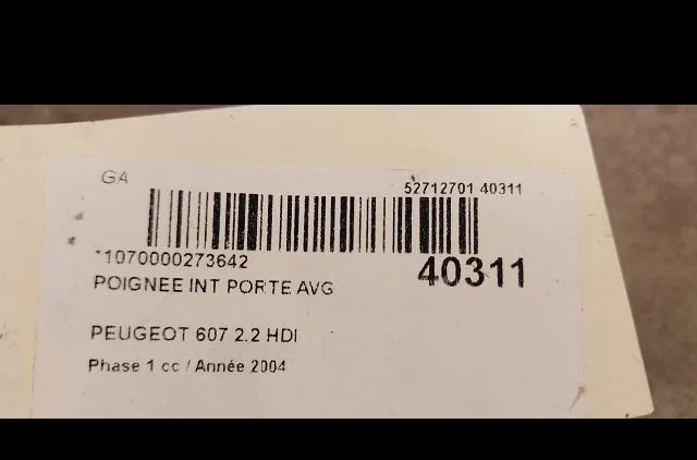 Poignee int porte avg Peugeot 607 (9D, 9U) 2.2 hdi (2000-2006) occasion