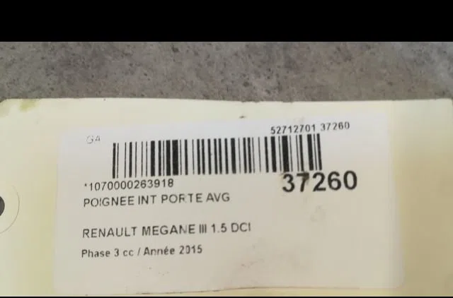 Poignee int porte avg Renault MEGANE III 3-5 portes (BZ0-1_, B3_) 1.5 dci (bz1g, bz1w, bz0r) (2013-2015) 5 portes occasi