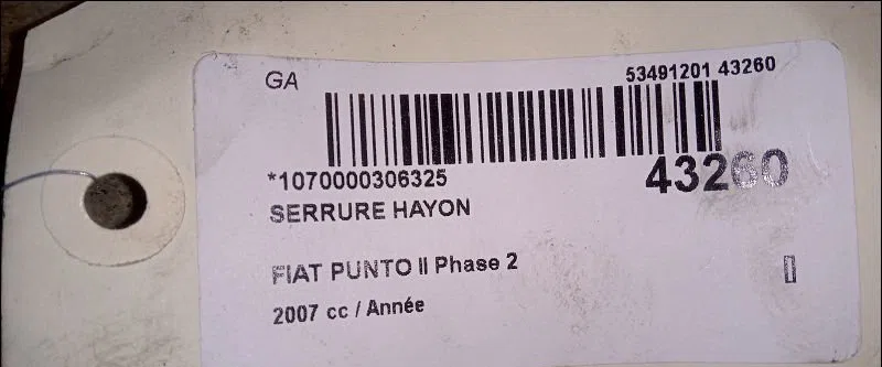 Serrure hayon Fiat PUNTO (188_) 1.2 natural power (2003-2012) occasion